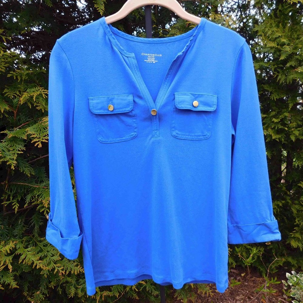 Charter Club Petite Pretty Blue Rib-Knit Split V-neck with Fold Back Cuffs